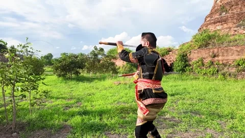 Thai Warrior in Ancient Armor Training at Ayutthaya Historical Park Stock Footage 343808041