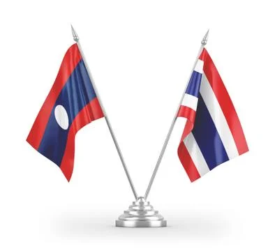 Thailand and Laos table flags isolated on white 3D rendering. Stock Illustration