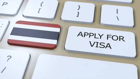 Thailand, Apply for Visa Concept. Button Push 3D Illustration. Visa Apply for Stock Illustration