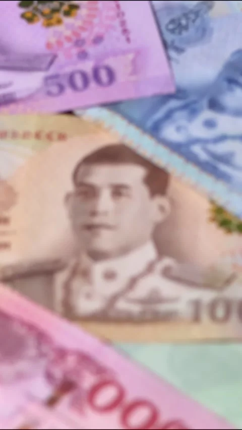 Thailand baht banknotes with changing selective focus Stock Footage 305851165