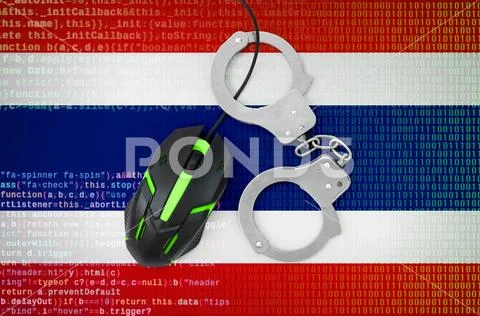 Thailand flag and handcuffed computer mouse. Combating computer crime, hacke Stock Photos