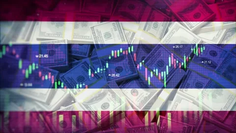 Thailand Flag on Economic Background With Decrease Bar Chart Graph And Arrow Stock Footage 320893685