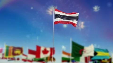 Thailand Flag With Flags Of The World And Fireworks Moring And Night 3D Render Stock Footage 149959244