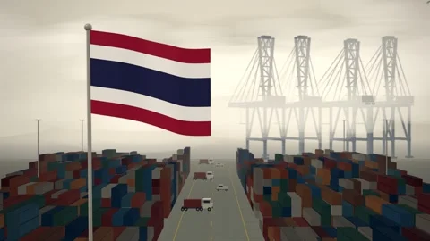 Thailand Flag Flying Over A Container Port Terminal In Morning Haze Stock Footage 344472149