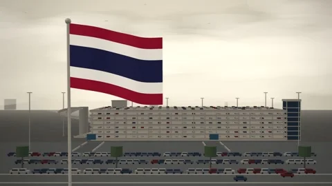 Thailand Flag Flying Over Multi Storey Car Park seamless loop Video stock 345313407