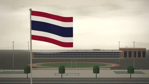 Thailand Flag Flying Over School Campus Running Track seamless loop Stock Footage 345380609