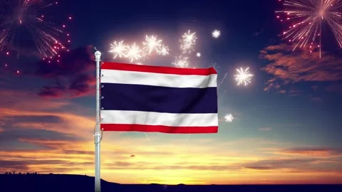 Thailand flag waving proudly during a vibrant fireworks display animation video Stock Footage 342503532