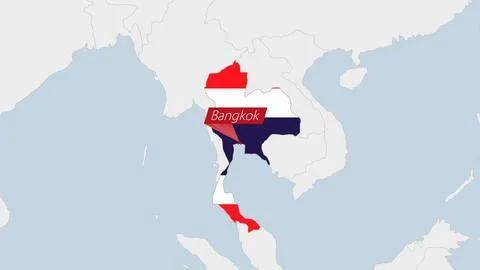 Thailand map highlighted in Thailand flag colors and pin of country capital.. Stock Illustration