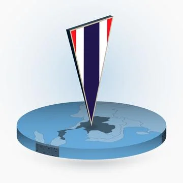 Thailand map in round isometric style with triangular 3D flag of Thailand Stock Illustration