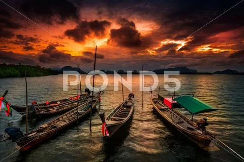 Thailand, Phang Nga, Fishing boats in sea Stock Photos