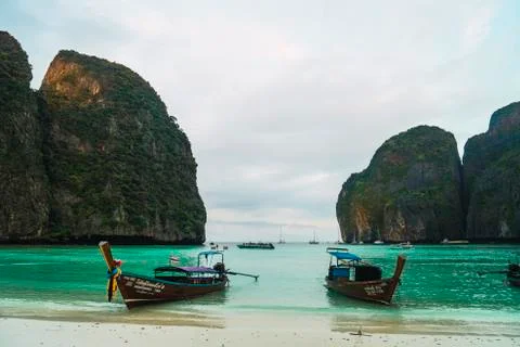 Thailand, Phi Phi Islands, Ko Phi Phi, moored long-tail boats Stock Photos