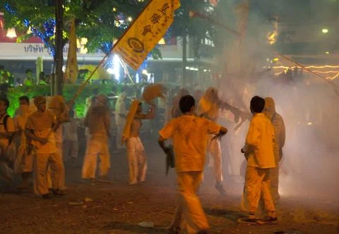  Thailand: The streets of Phuket Town exploding with firecrackers as the p... Stock Photos