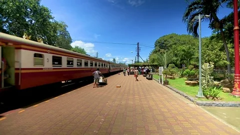 Thailand train station platform arrival of the train Stock Footage 80532534