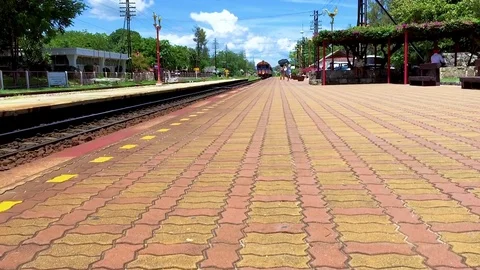 Thailand train station platform arrival of the train Stock Footage 80532563