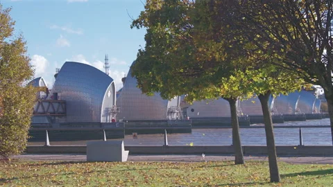 Thames Barrier gates seen through autumn trees, London, United Kingdom Video stock 293124952