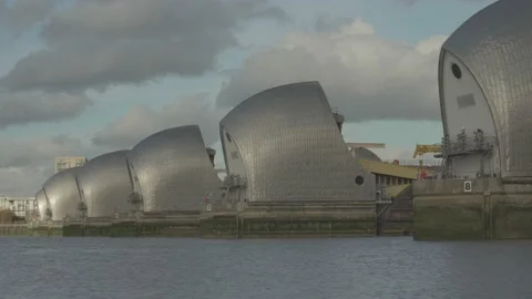 Thames barrier locks in a cloudy day Stock Footage 146454958