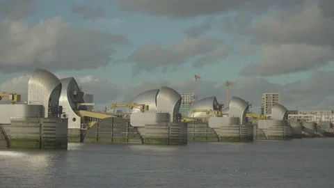 Thames barrier locks in a cloudy day Stock Footage 146455104