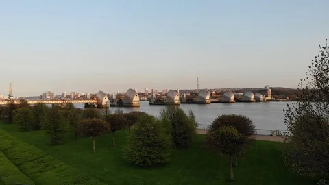 Thames Barriers rising aerial video in London Stock Footage