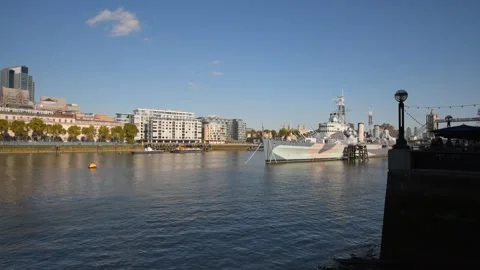 Thames River, HMS Belfast and the City of London Stock Footage 287827330