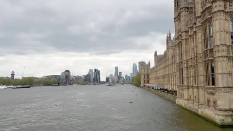 Thames river, Westminster Hall and skyscrapers in London. Stock Footage 299715952
