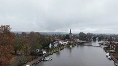 Thames Riverside walk Marlow UK autunm drone,aerial Stock Footage 321340735