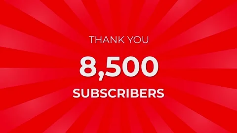Thank you 8,500 Subscribers Text on Red Background with Rotating White Rays Stock Footage 199606474