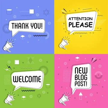 Thank you in bubble vector on bright yellow background. Attention please comi Illustrazione stock