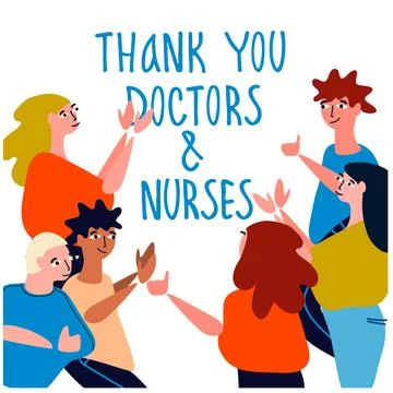 Thank you doctors and nurses hand-lettered phrase. People applauding doctor.. Stock Illustration
