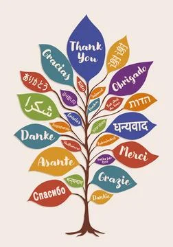 Thank You in Many Languages World Gratitude Tree Illustration Stock Illustration