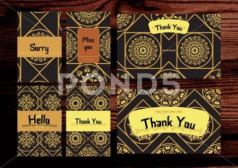 Thank You, Miss You, Sorry Cards Set. Isolated On The Wood Backg