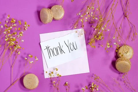 Thank You Note With macarons on Pink Background and gypsophila flowers Stock Photos