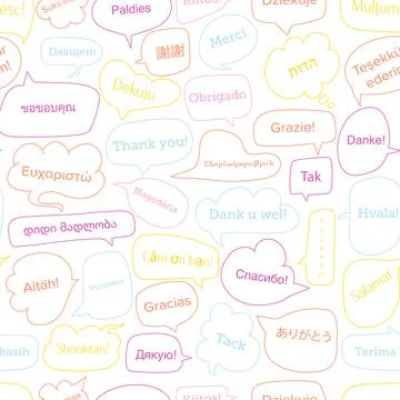 Thank you text in different languages. Seamless hand drawn pattern with bubble Stock Illustration