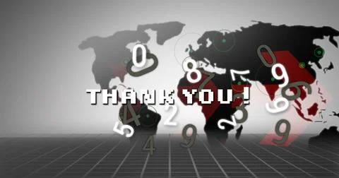 Thank you text over multiple changing numbers and world map against grey Illustration