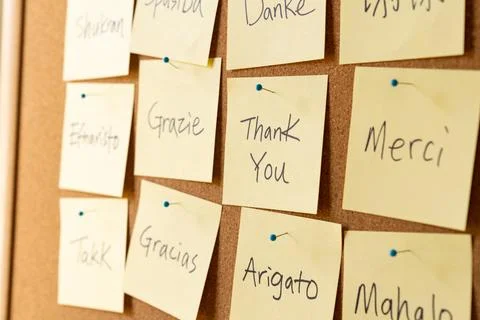 Thank you word cloud notes on corkboard Stock Photos