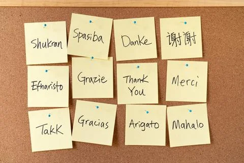 Thank you word cloud notes on corkboard Stock Photos