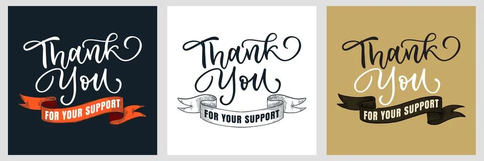 Thank you for your support, cards set. Hand drawn calligraphy lettering and r Stock Illustration