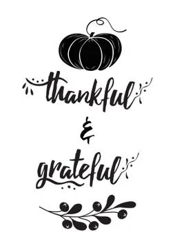 Thankful grateful text decorative vector lettering phrase pumpkin fall branch Stock Illustration