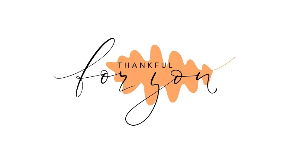 Thankful for you elegant thin script lettering with orange oak awtumn leaf. I Stock Illustration