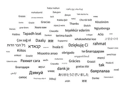 Thanks phrase in different languages of the world on white background Illustrazione stock