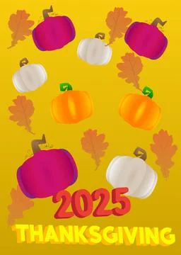 Thanksgiving 2025 text with Autumn leaf and Pumpkin. Poster for celebrating.. Stock Illustration