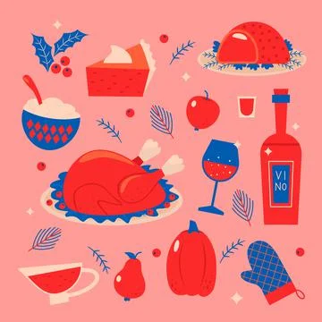 Thanksgiving and Christmas holiday table symbols. Turkey, cranberry sauce, pu Stock Illustration