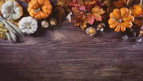 Thanksgiving background decoration from dry leaves and pumpkin on  wooden bac Stock Photos