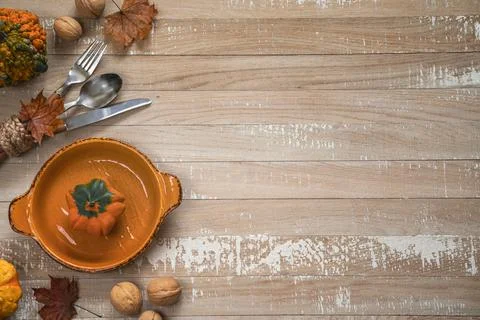 Thanksgiving background - Table setting with pumpkins. Stock Photos