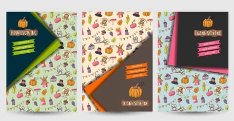Thanksgiving concept set of flyer or brochure. Invitation cards to a holiday Stock Illustration
