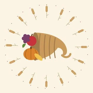 Thanksgiving cornucopia vector illustration with pumpkin, apple and grapes, Stock Illustration