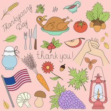 Thanksgiving Day. Collection of color vector illustrations. Pink background. Stock Illustration