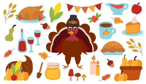 Thanksgiving day elements set. Turkey in pilgrim hat Stock Illustration