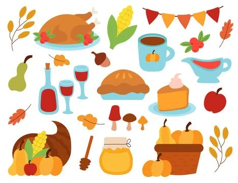 Thanksgiving day elements set. Turkey, pie, cornucopia, corn, wine, candles 스톡 일러스트