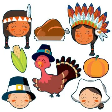 Thanksgiving Day faces and elements set Illustrazione stock