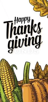 Thanksgiving day poster with leaves, pumpkin and ripe cob of corn Stock Illustration